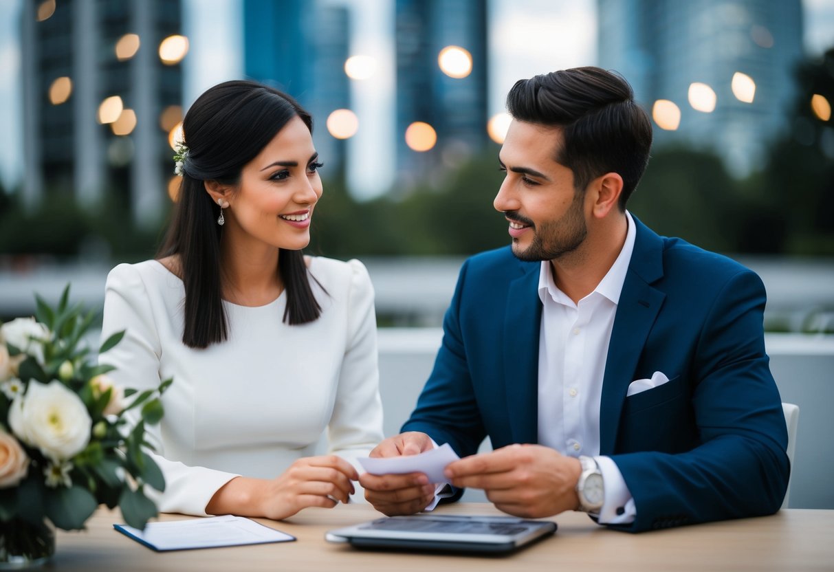 A couple discussing wedding payment options with a financial advisor