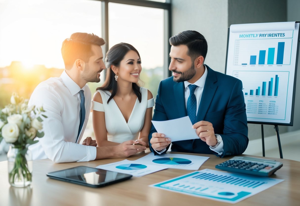 A couple discussing wedding finances with a financial planner, surrounded by charts and graphs illustrating monthly payment options