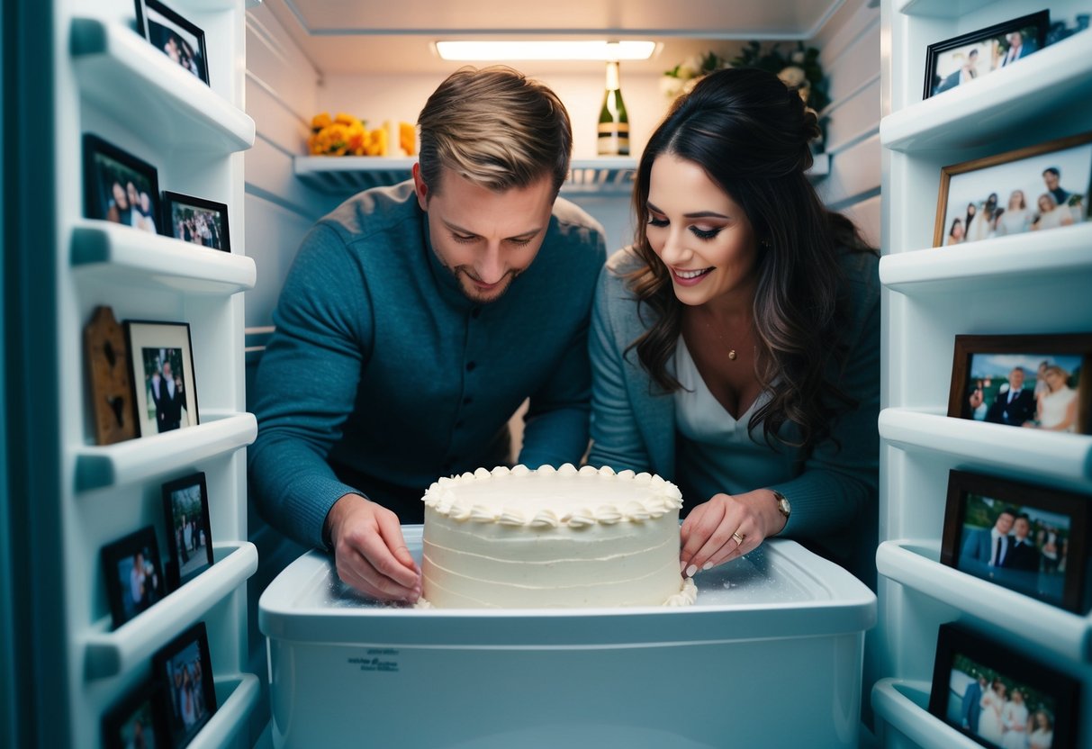 A couple carefully wraps and stores their wedding cake in a freezer, surrounded by memorabilia from their special day