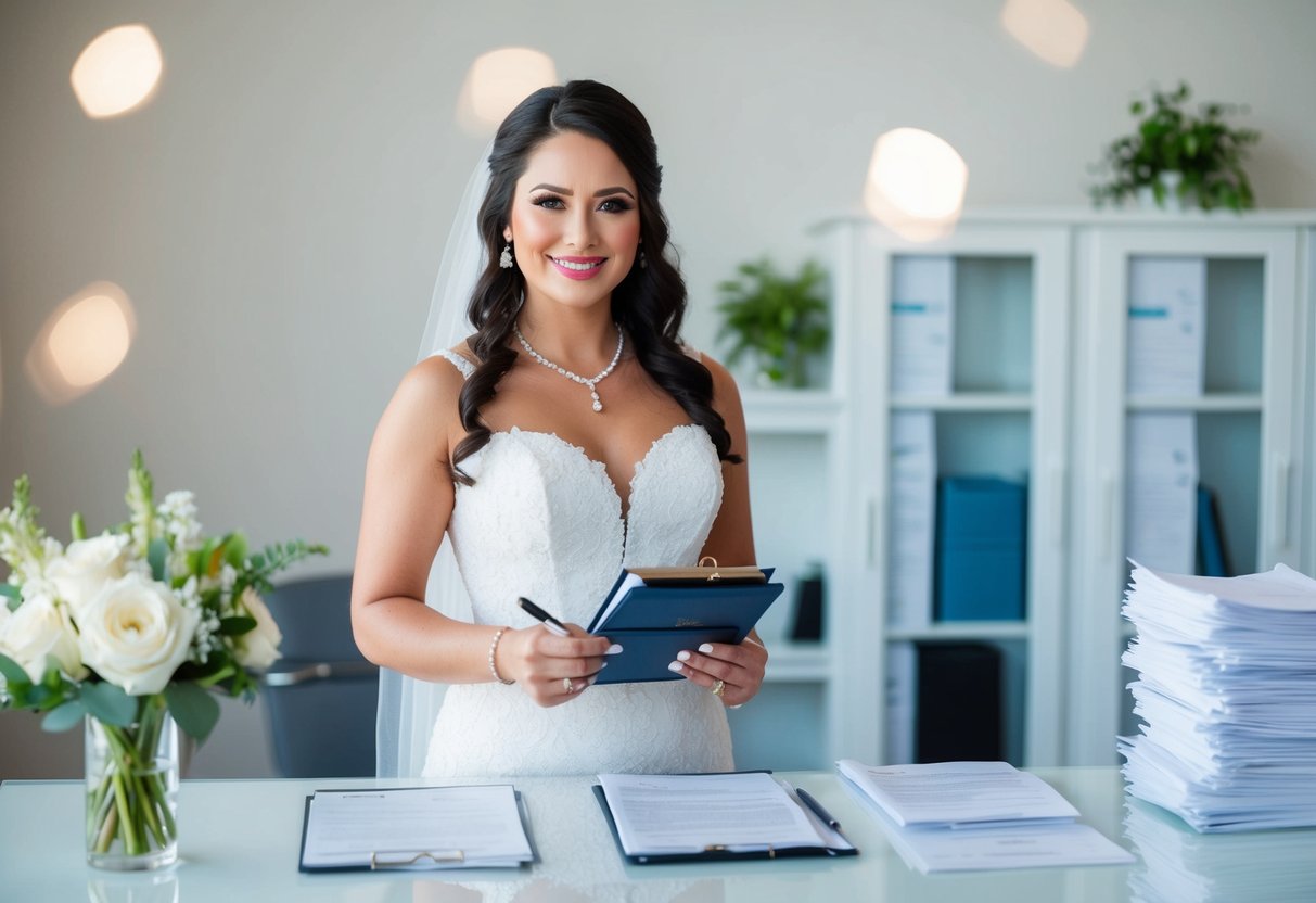 A bride holding a checkbook and pen, standing in front of a wedding planner's desk with a stack of invoices and receipts