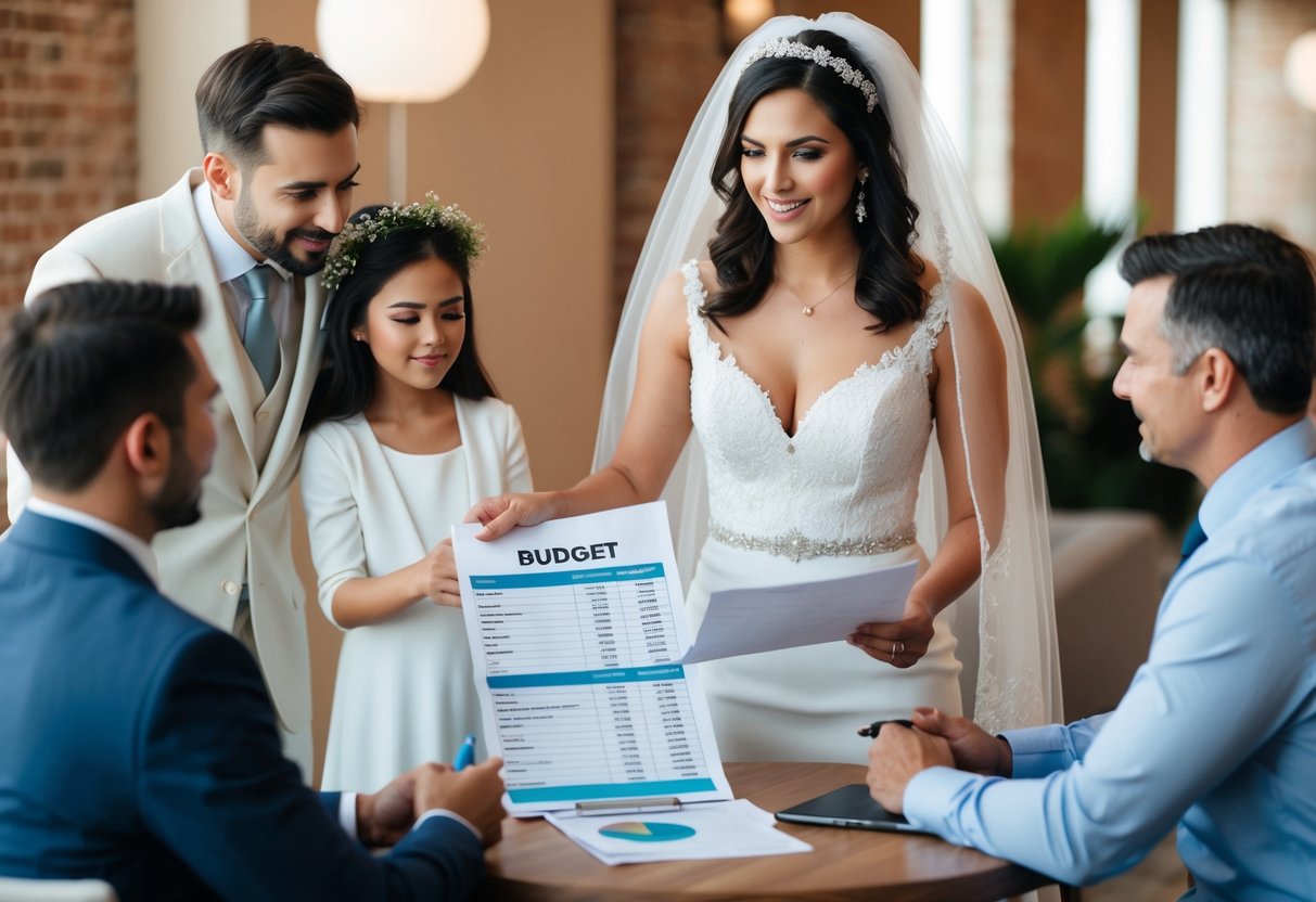 A bride holding a wedding budget spreadsheet and discussing financial responsibilities with her partner and family members