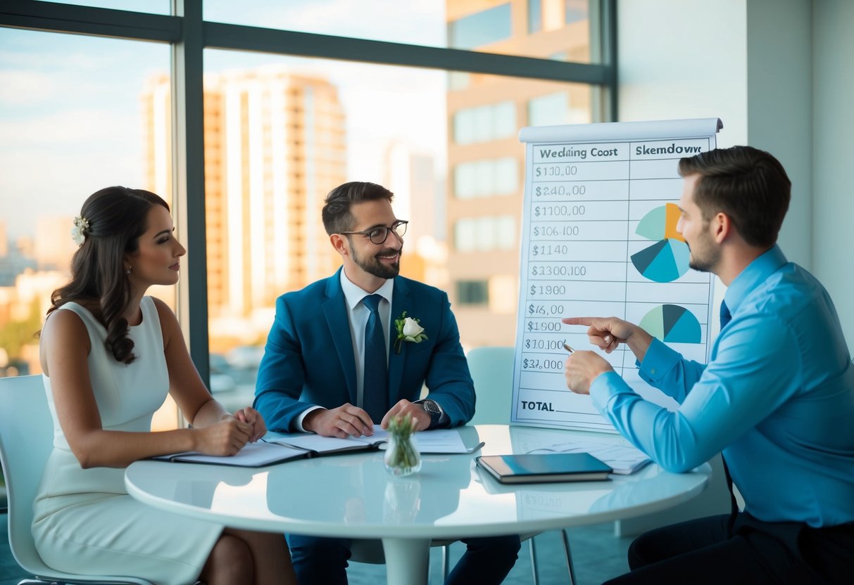 A couple sits at a table with a wedding planner, discussing finances and budgeting for their upcoming wedding. The planner points to a chart showing different cost breakdowns for the event