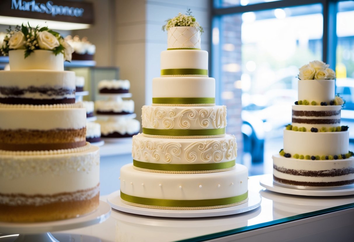 A display of elegant, tiered wedding cakes in various flavors and designs at a Marks and Spencer bakery section