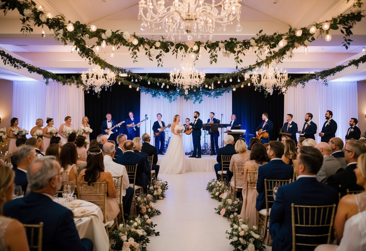 An elegant wedding venue with floral decor and string lights, surrounded by happy guests and a live band playing on a stage