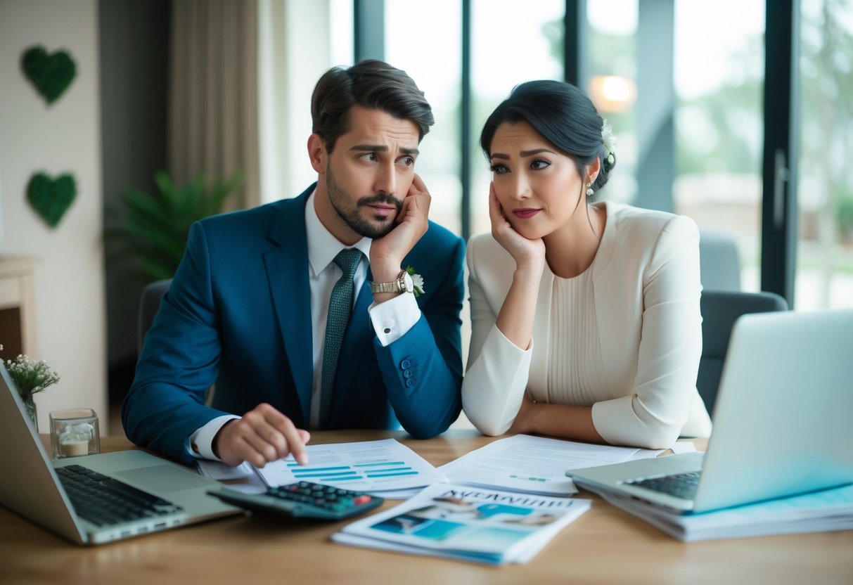 A couple sits at a table with papers and a calculator, surrounded by wedding magazines and a laptop. They are deep in discussion, with a look of concern on their faces