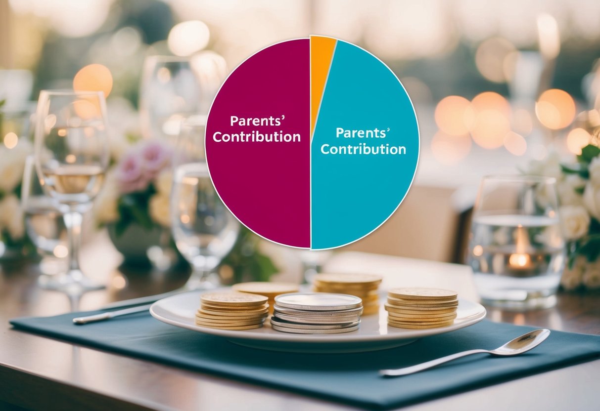 A wedding budget pie chart with a large slice labeled "Parents' Contribution" and smaller slices for other expenses