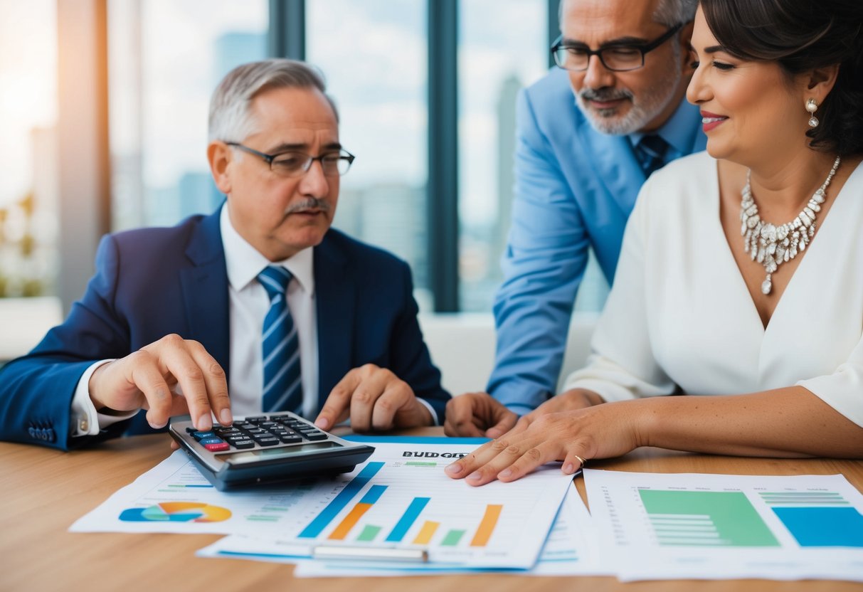 Parents discussing wedding finances with a calculator and budget spreadsheets on a table