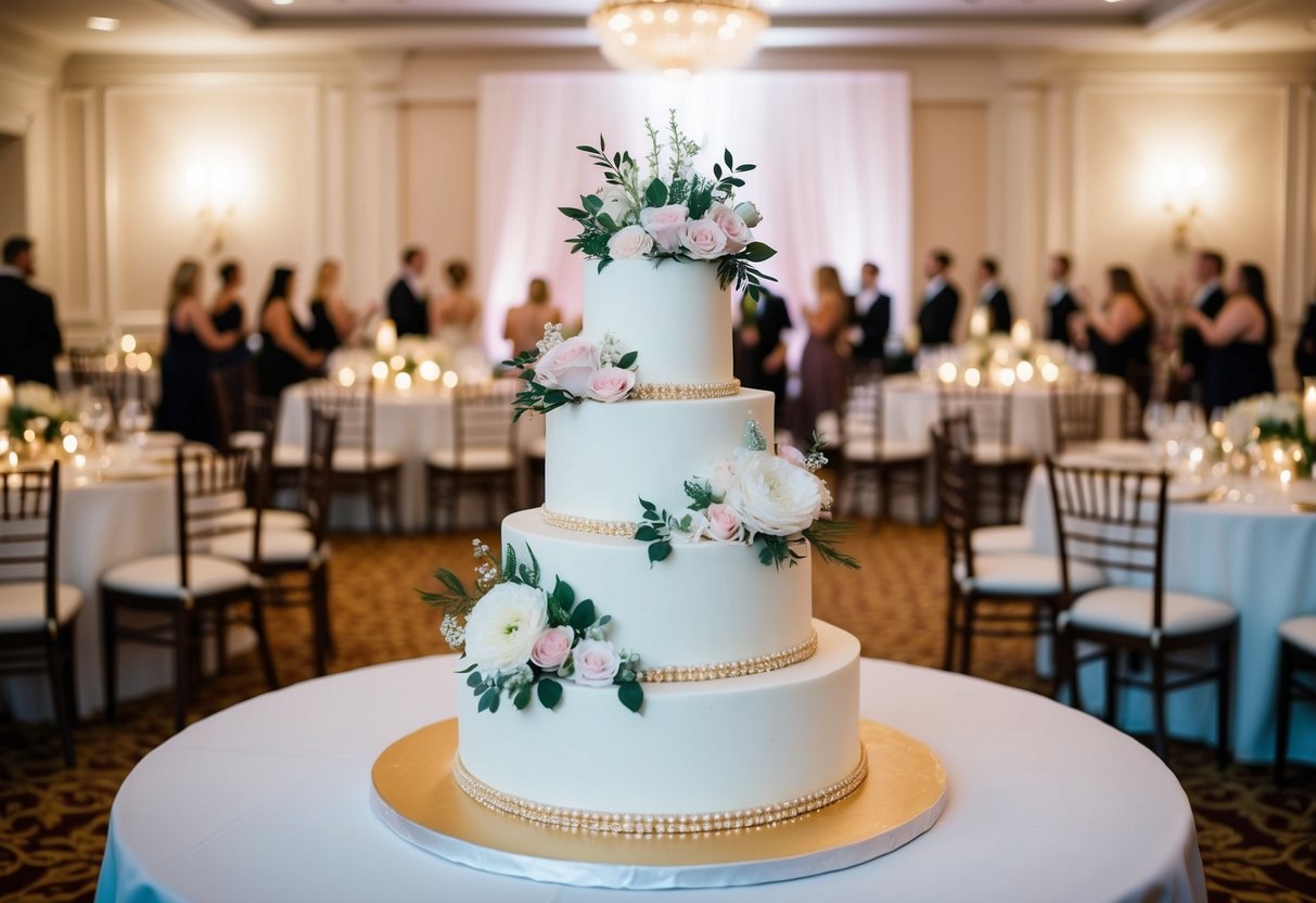 A three-tiered wedding cake with intricate floral decorations, set against a backdrop of elegant table settings for 150 guests