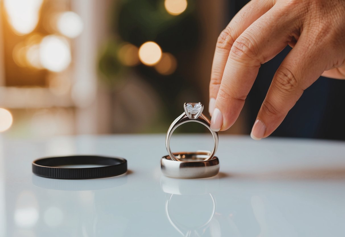 A wedding ring being placed on top of another wedding ring on a table