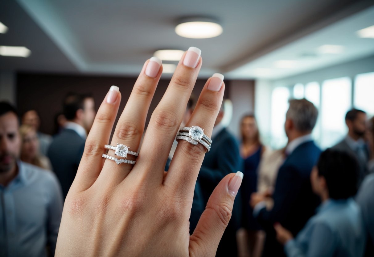 A person wearing two wedding rings on one finger, causing confusion and tension in a crowded room
