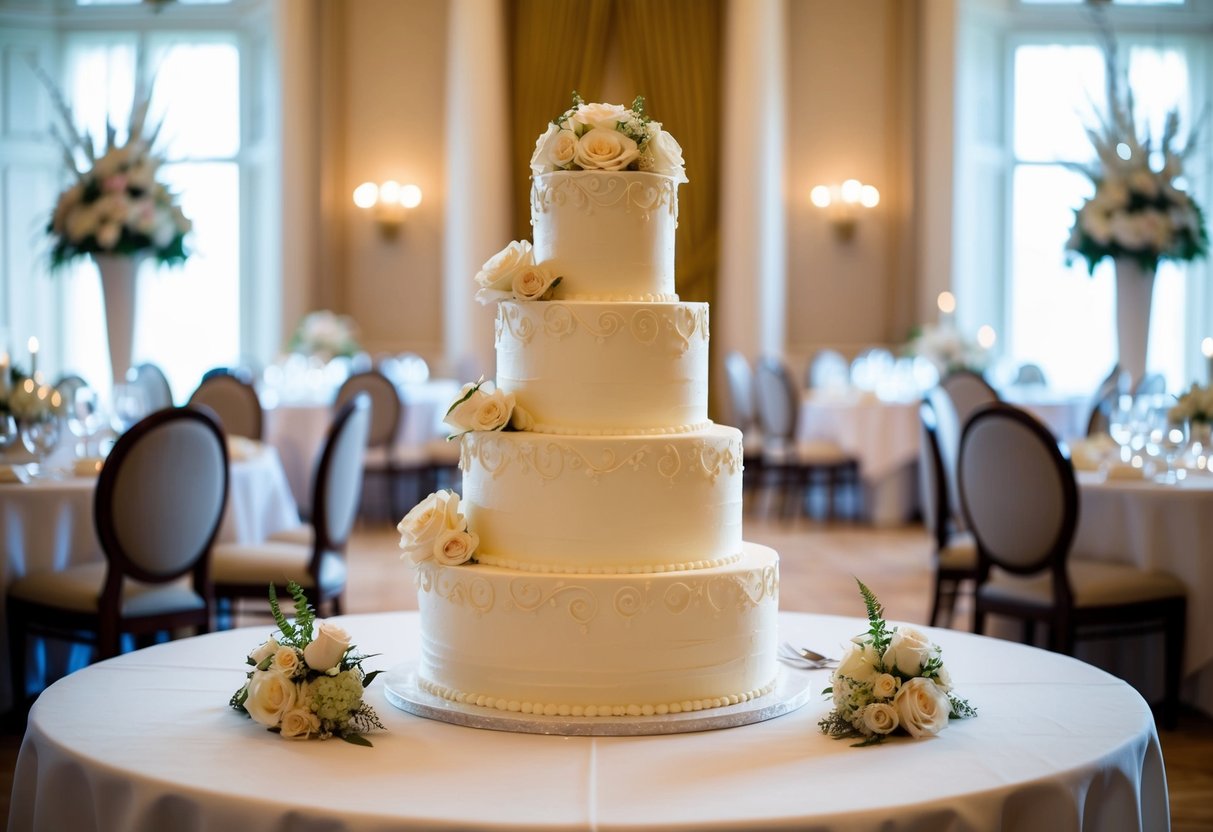 A three-tiered wedding cake sits on a decorated table in the center of a grand dining hall. The cake is adorned with intricate icing designs and surrounded by floral arrangements