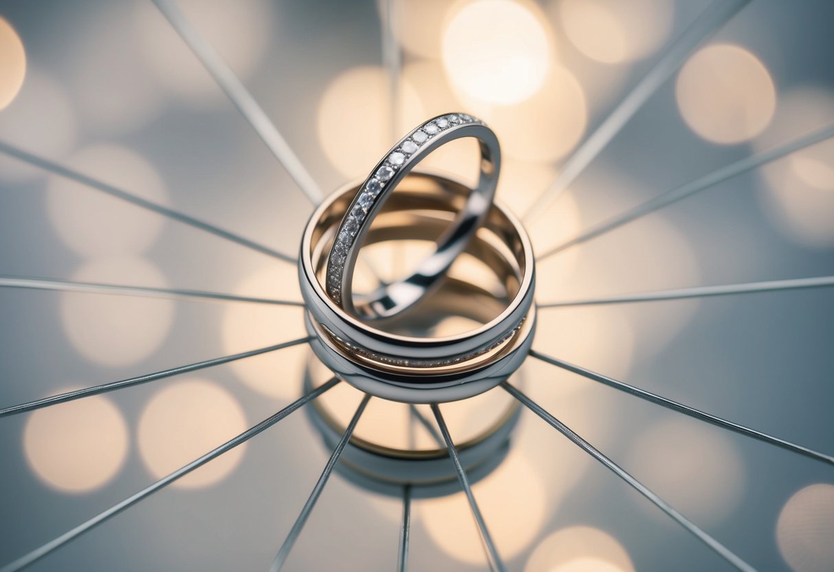 A tangled web of wedding rings, with one set overlapping another, symbolizing the confusion and complications of being married while already married