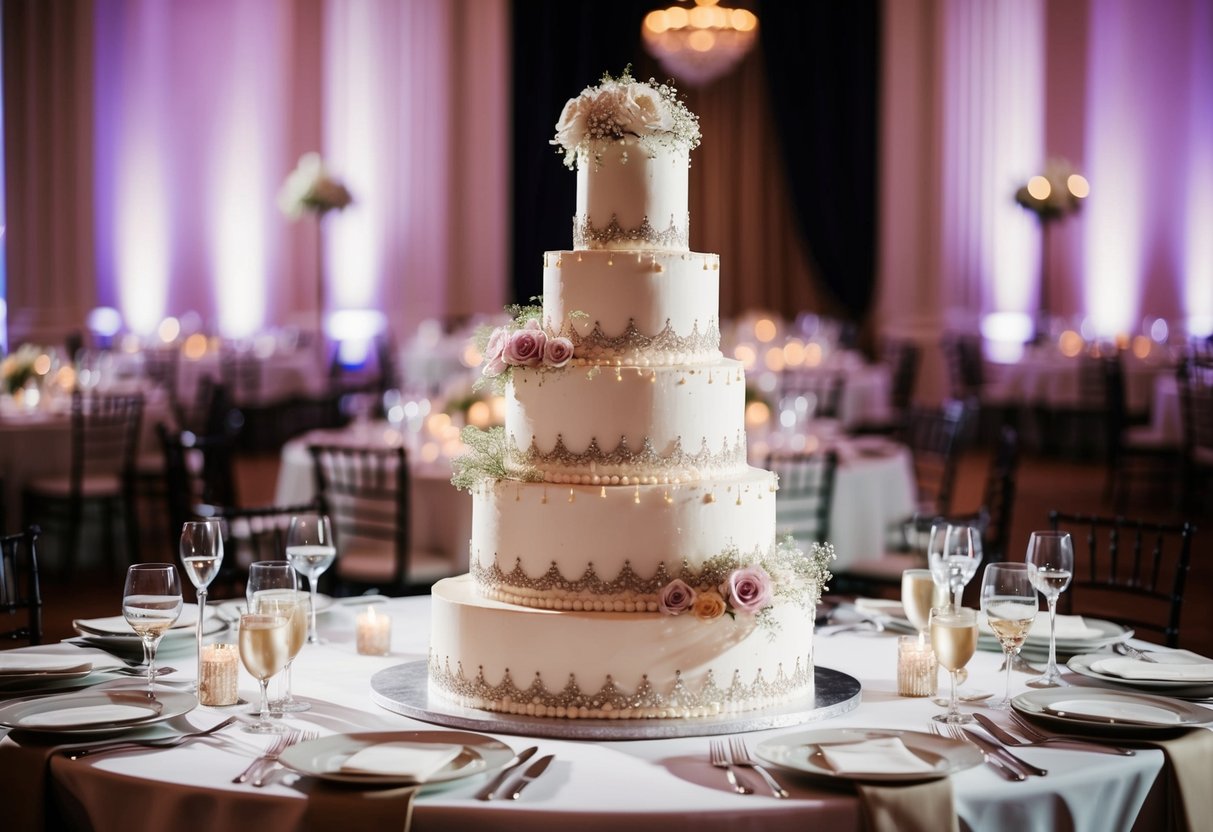 A towering wedding cake sits on a grand table, adorned with intricate decorations and delicate flowers, surrounded by elegant dinner settings
