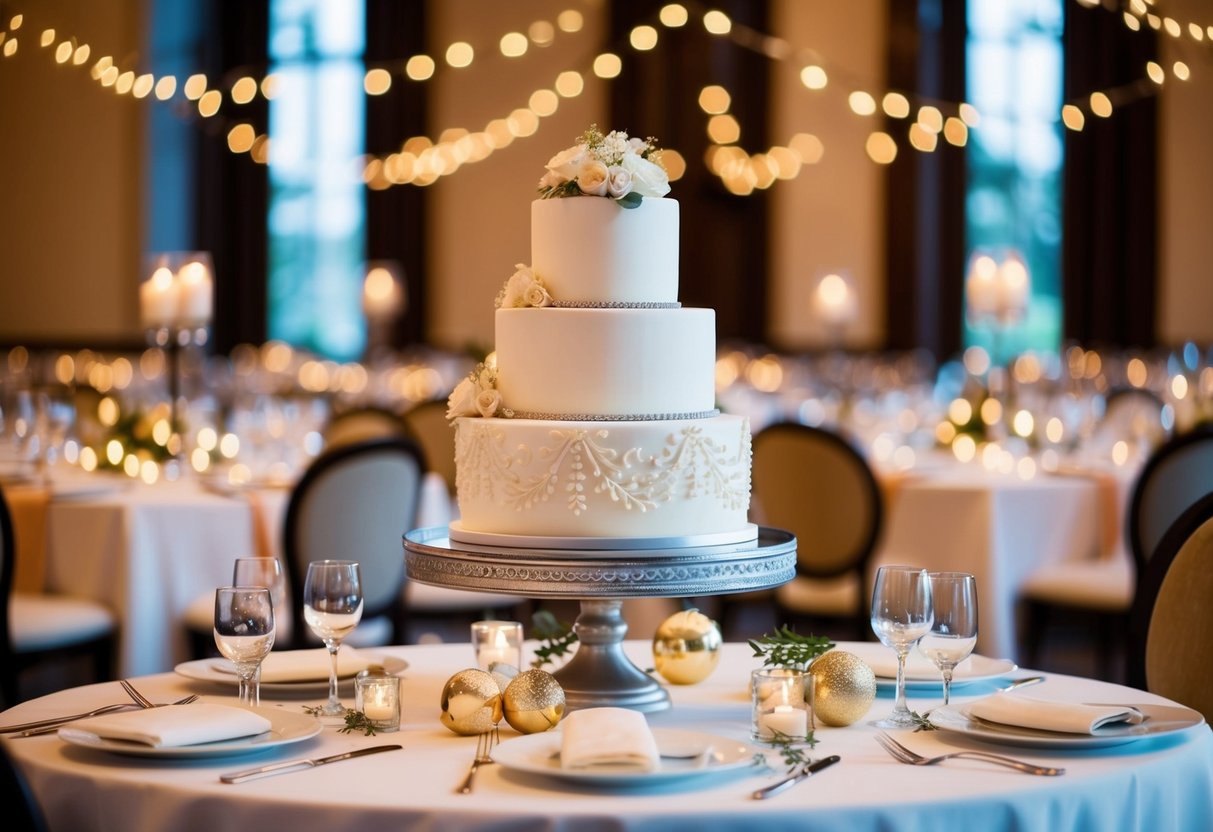 A beautifully decorated wedding cake sits on a table, surrounded by elegant dinner settings and festive decorations