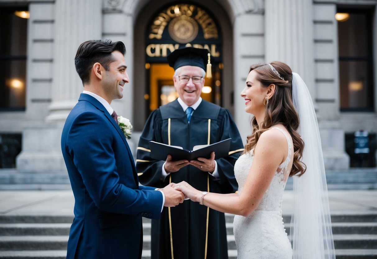 A couple stands before a city hall, exchanging vows as a justice of the peace officiates their marriage