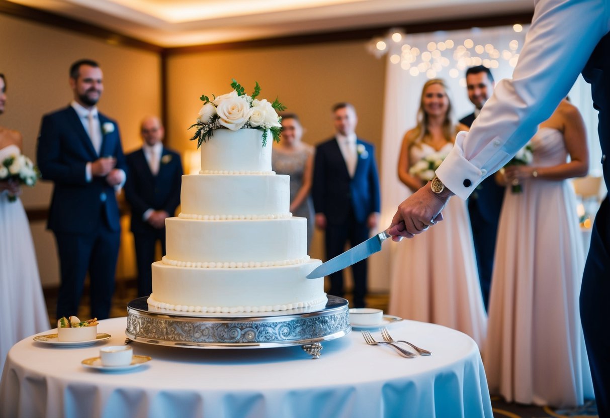 The wedding cake is being cut with a knife and server, surrounded by guests and a decorated reception area