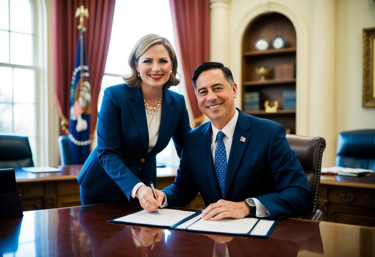 A couple stands before a smiling official, signing documents in a government office