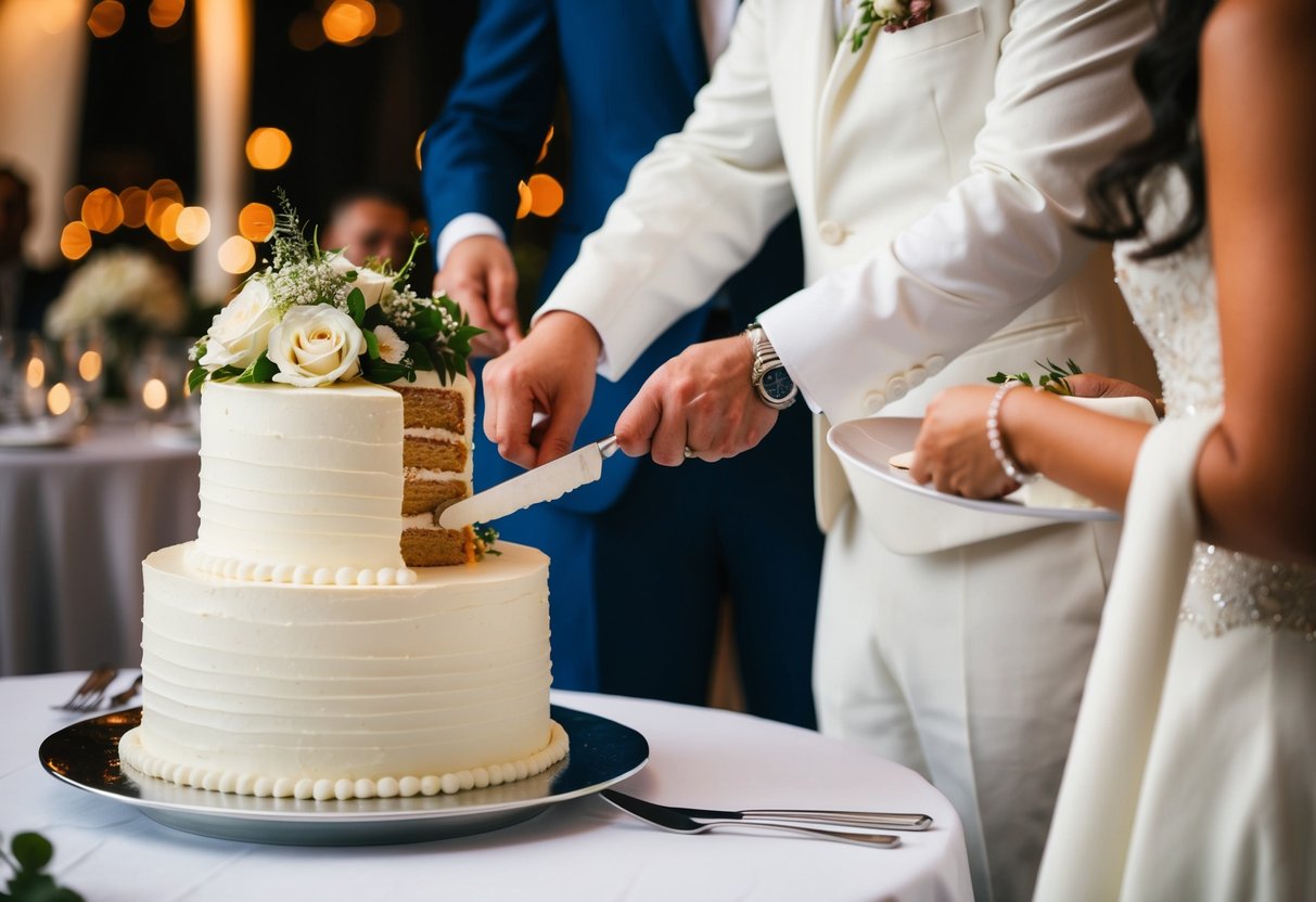 The wedding cake is being cut and served after dinner