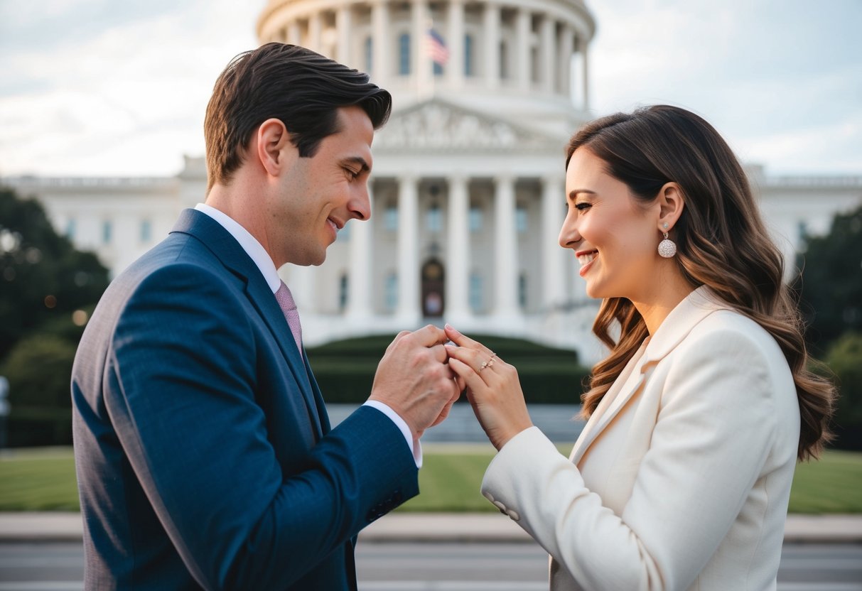 A couple exchanging rings in front of a government building