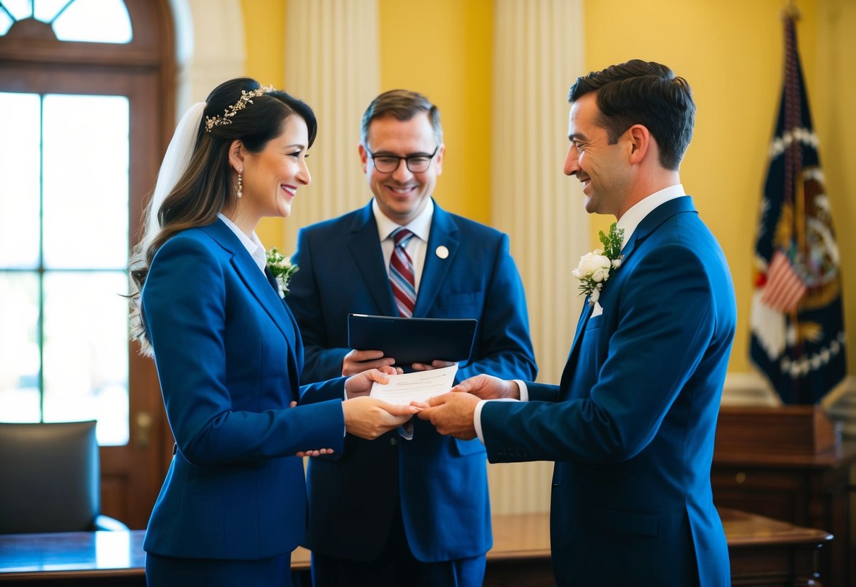A couple standing before a government official, exchanging documents and receiving a marriage certificate