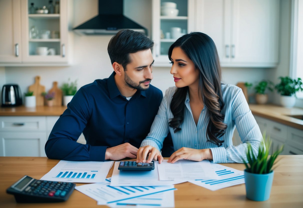 A couple discussing finances at a kitchen table, with papers and a calculator spread out in front of them