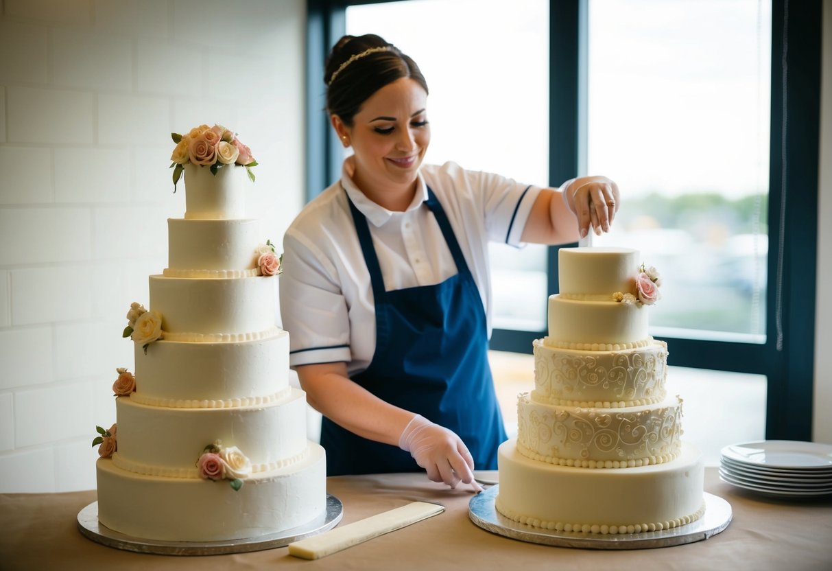 A baker creating a fake wedding cake with styrofoam layers and intricate fondant decorations