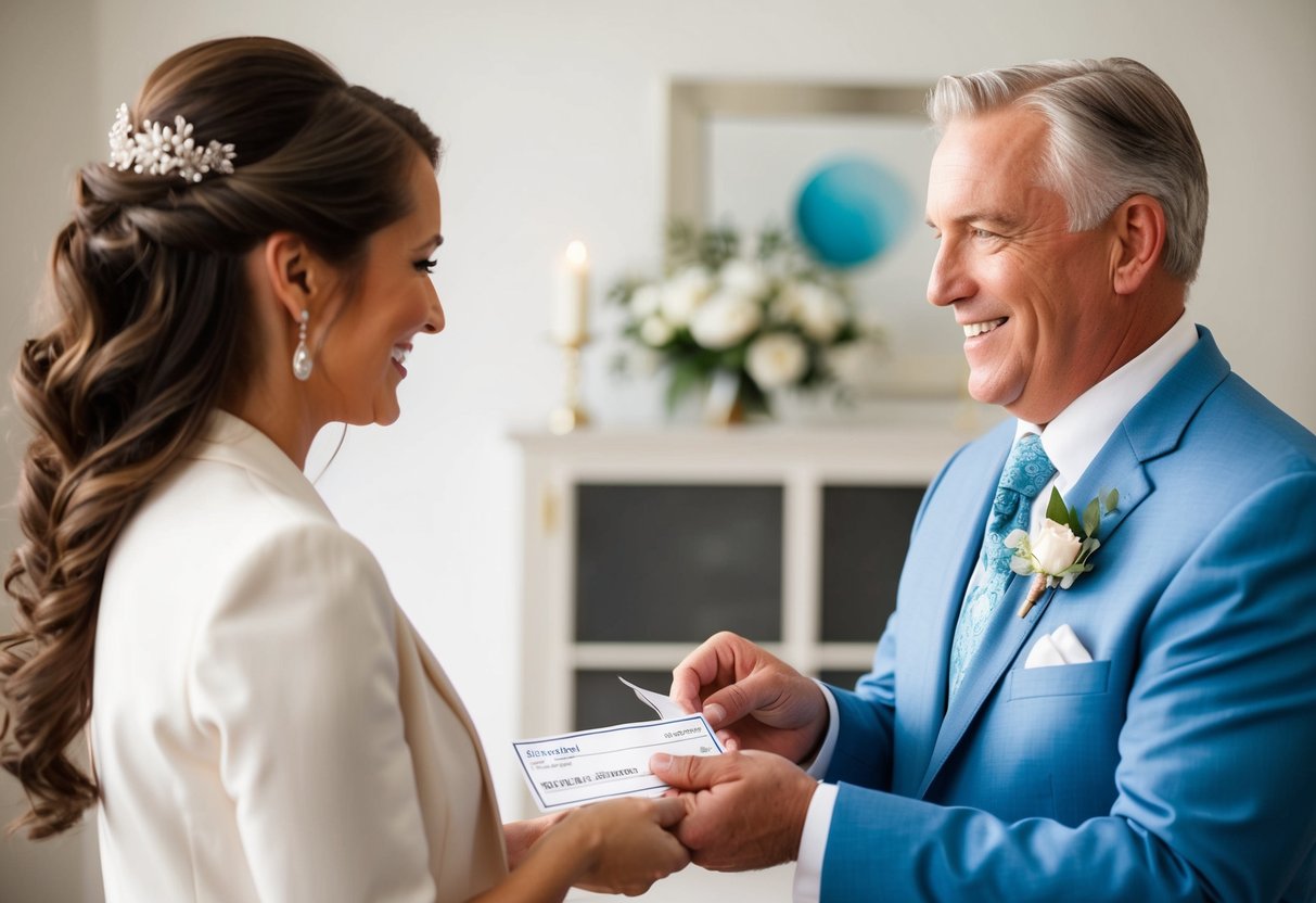 A proud father handing a check to a wedding planner