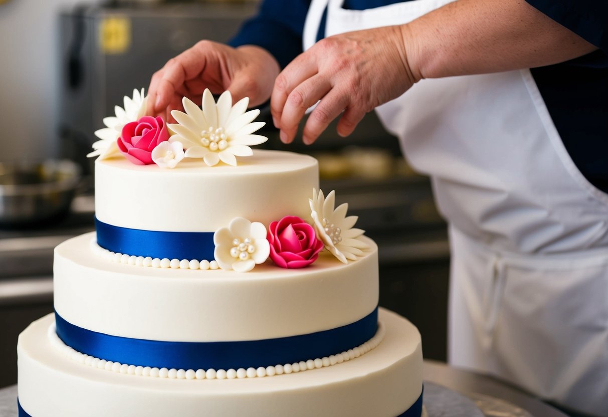 A baker carefully arranges fondant flowers and sugar pearls on a tiered cake, creating a stunning replica of a real wedding cake