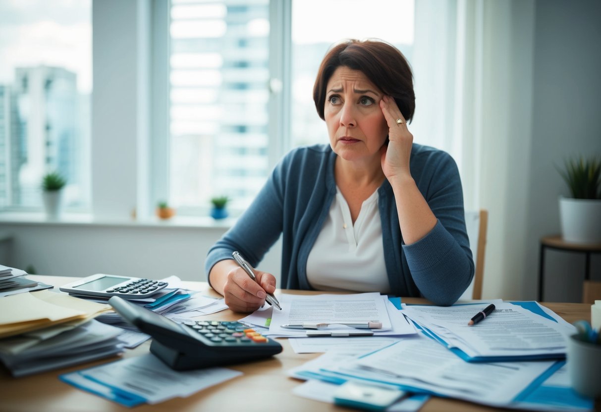 A worried parent sits at a cluttered desk, surrounded by bills and financial documents, with a calculator in hand and a concerned expression on their face