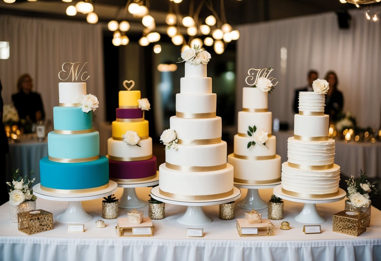 A display of fake wedding cakes in various styles and colors, surrounded by wedding decor and trendy accessories