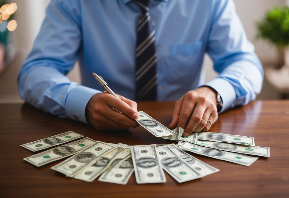 A father counting money and writing checks for his daughter's wedding expenses