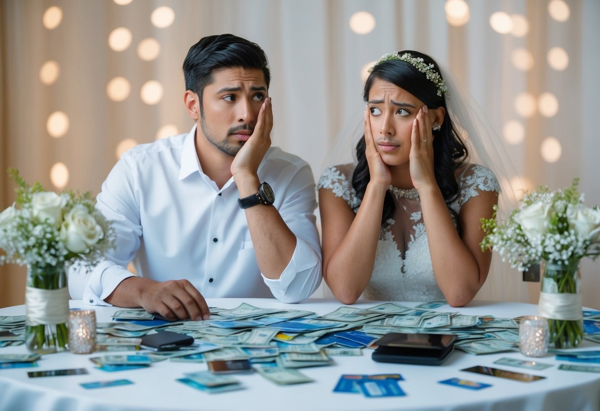 A couple sits at a table surrounded by wedding decor. Bills and credit cards are scattered, while a worried expression is seen on their faces