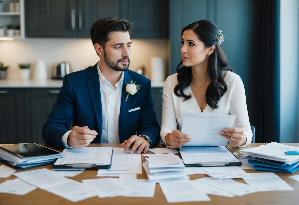 A couple sits at a table covered in spreadsheets and receipts, calculating expenses for their wedding. A look of concern crosses their faces as they discuss the possibility of taking on debt
