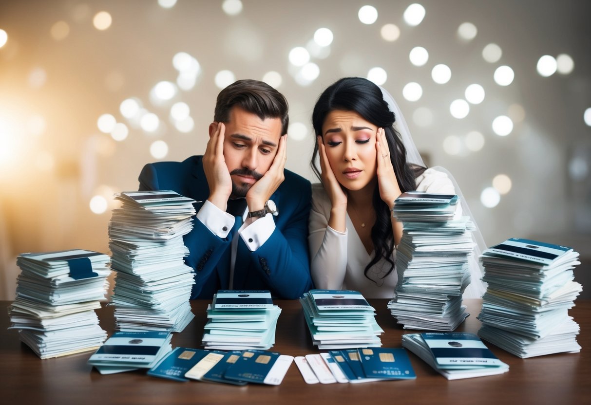 A couple surrounded by stacks of bills and credit cards, looking stressed and overwhelmed by wedding expenses