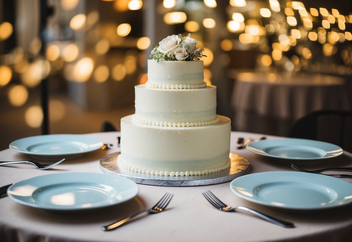 A wedding cake sits untouched on a table, surrounded by empty plates and abandoned forks