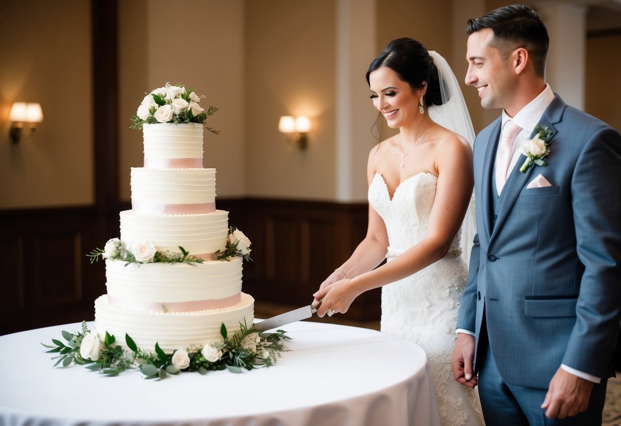 A bride and groom stand at a beautifully decorated table, holding hands as they prepare to cut into a multi-tiered wedding cake