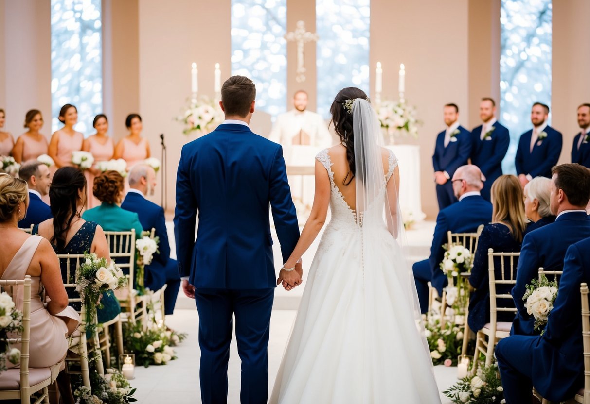 A bride and groom holding hands while standing in front of a wedding altar, with guests seated in rows, and a wedding planner overseeing the event