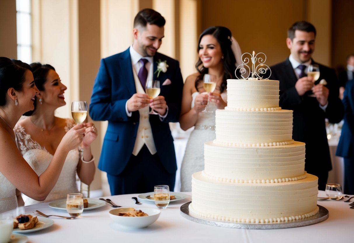 A tiered wedding cake sits untouched on a table, while a couple enjoys a sweet and decadent dessert tasting experience with their guests