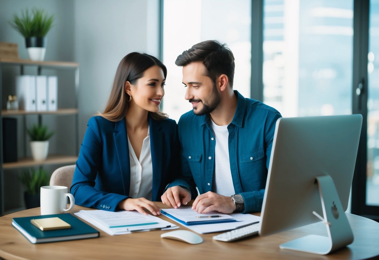 A couple sits at a table with bills, a computer, and a notebook, discussing and planning their finances together