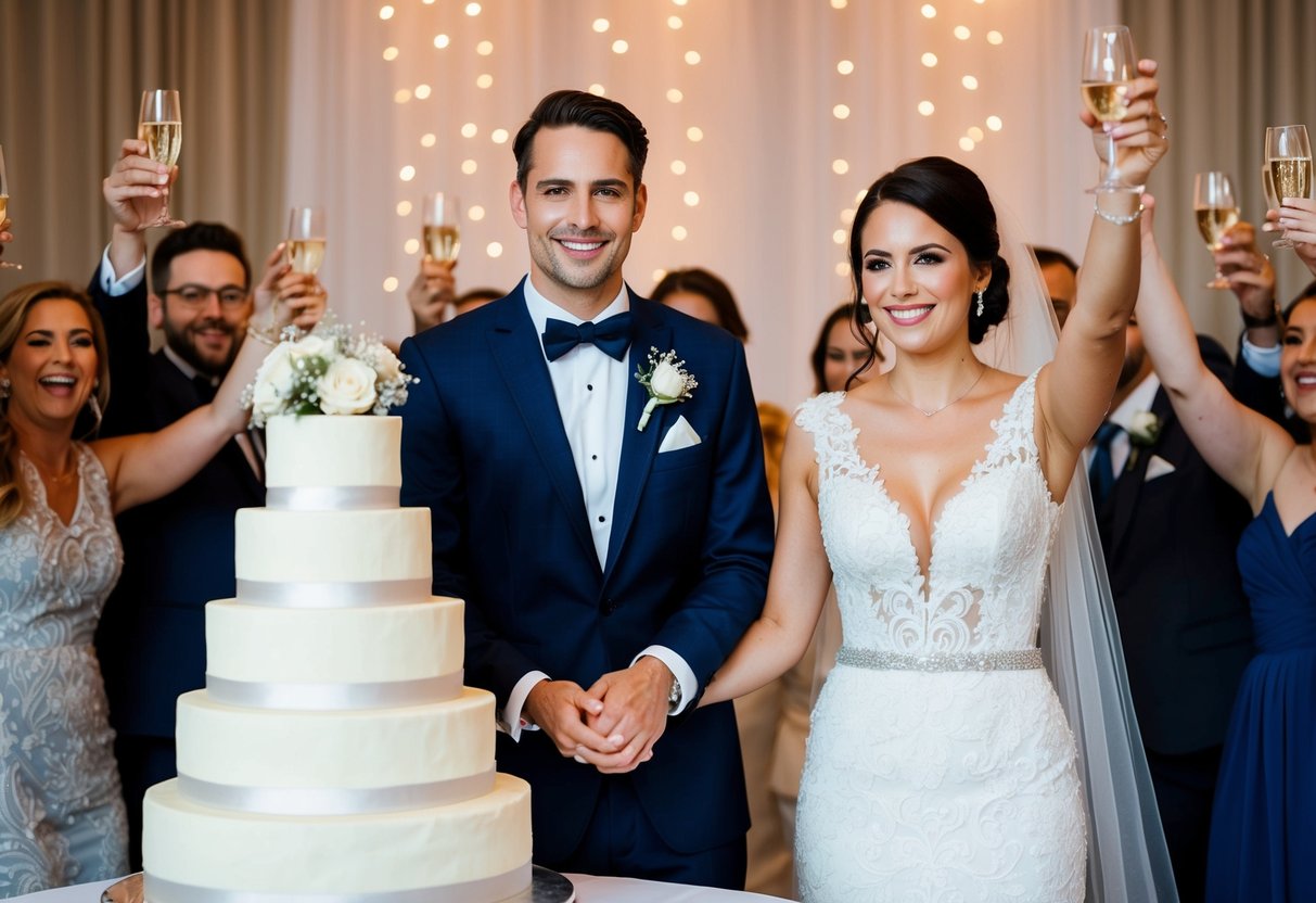 A bride and groom stand beside a tiered wedding cake, smiling and holding hands while their guests cheer and raise their glasses in celebration