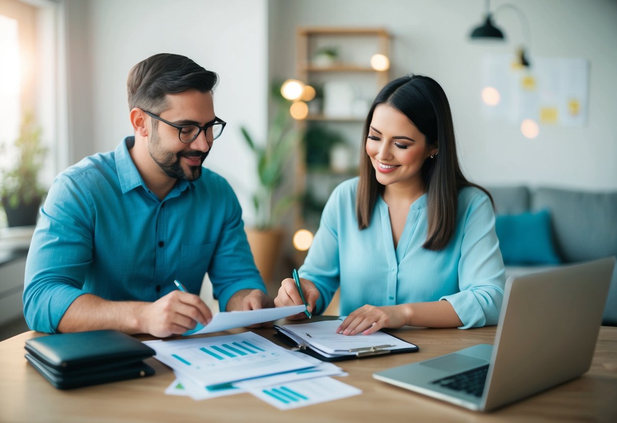 A couple sits at a table with bills, a budget planner, and a laptop. They discuss finances and make notes on the planner