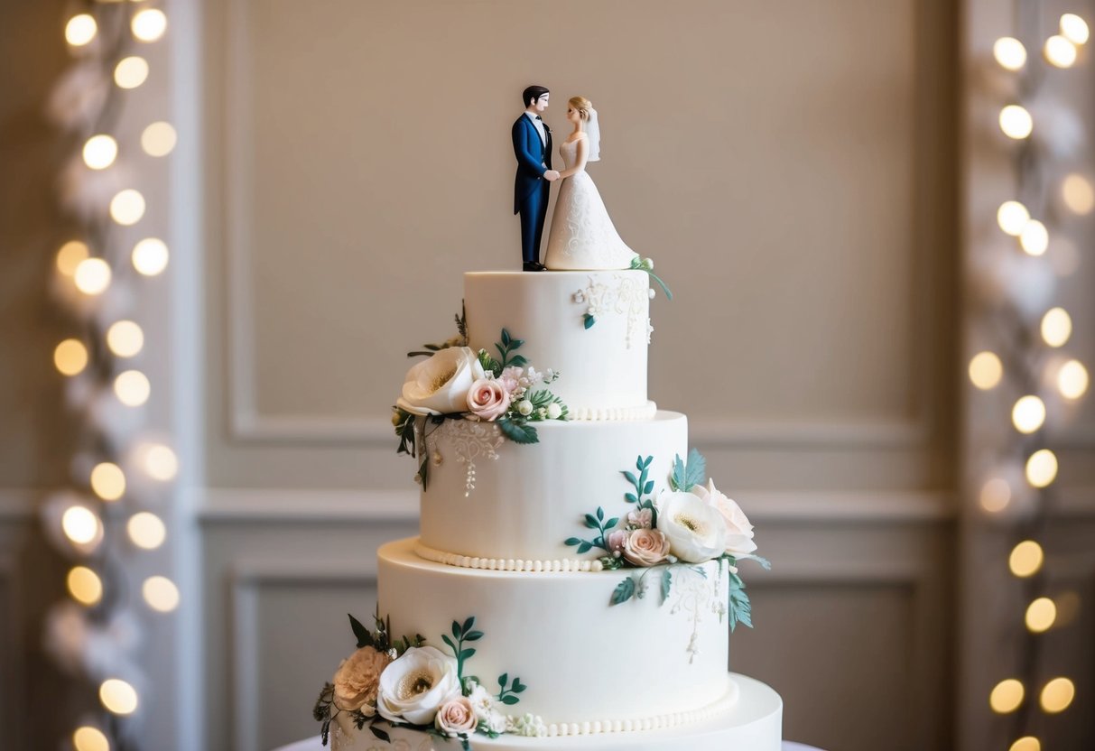 A three-tiered wedding cake adorned with intricate floral designs and elegant icing, topped with a decorative bride and groom figurine