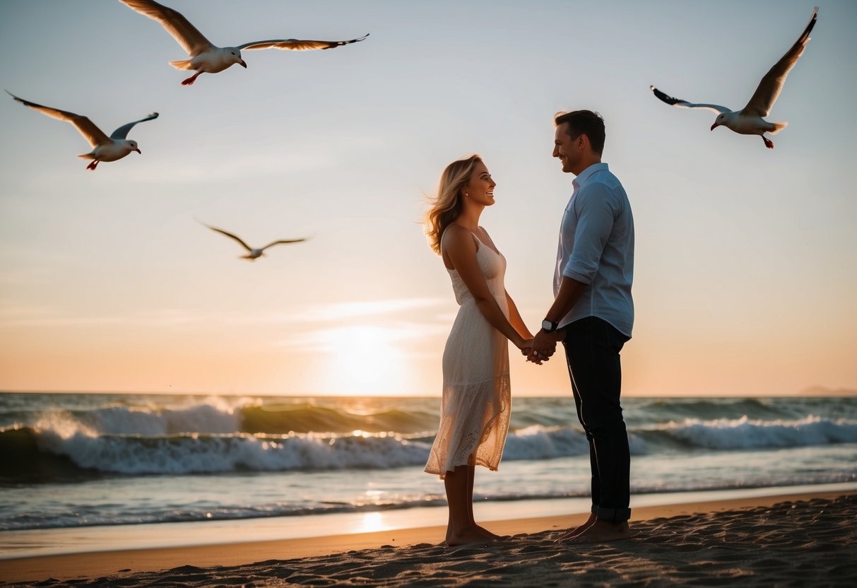 A couple stands on a beach at sunset, facing each other with smiles. The ocean waves crash in the background as seagulls fly overhead