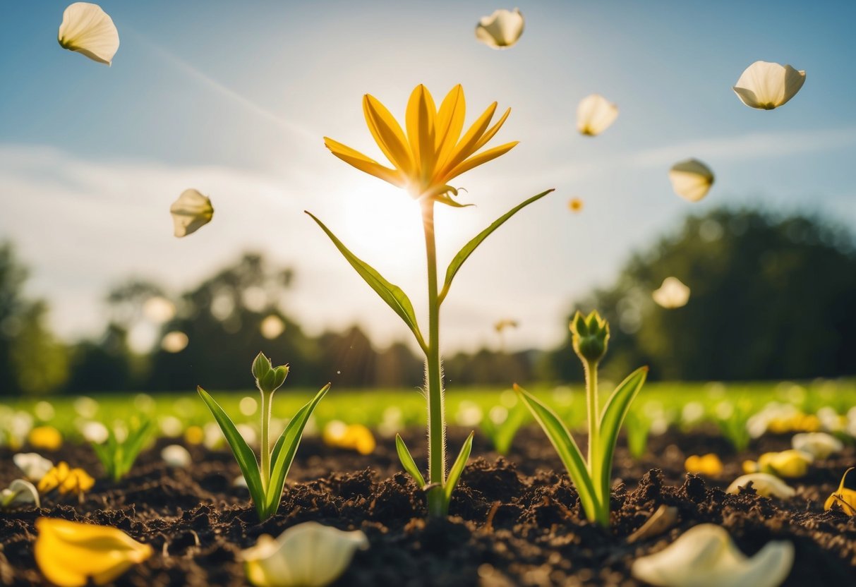 A blooming flower reaching towards the sunlight, surrounded by fallen petals and new growth emerging from the soil