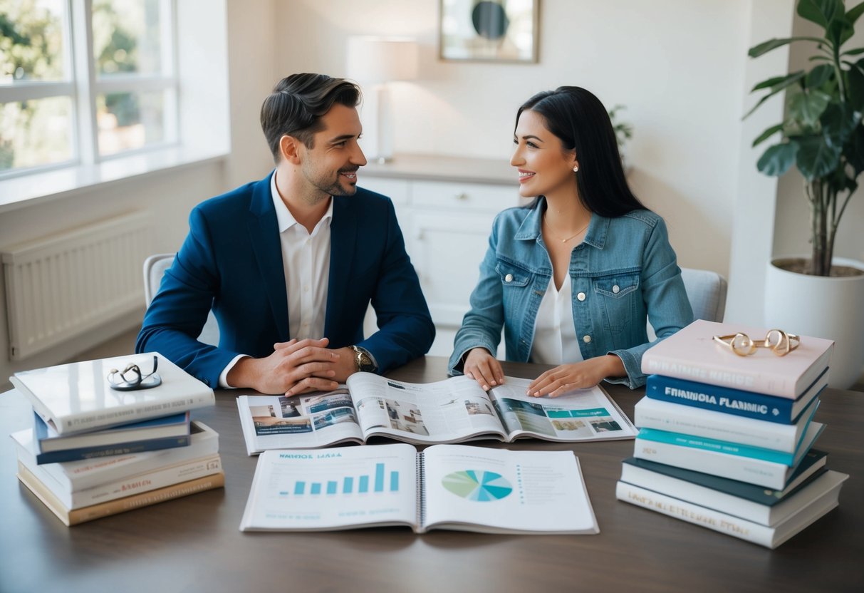 A couple sitting at a table, surrounded by wedding magazines and financial planning books, discussing marriage and their future together