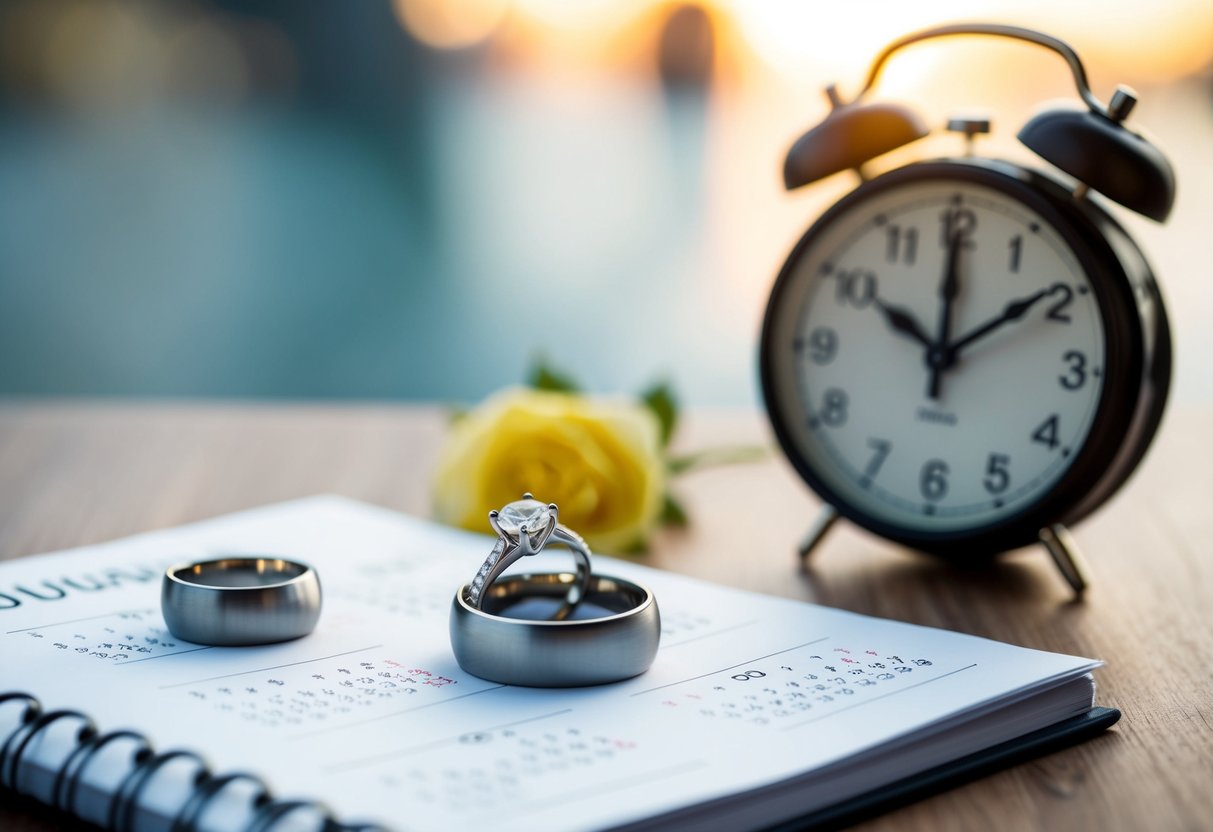 A calendar with dates crossed out, a wedding ring, and a clock showing the passage of time