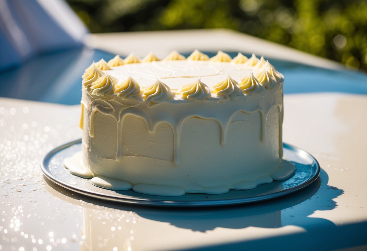 A buttercream wedding cake sits under the hot sun, slowly beginning to melt and lose its shape
