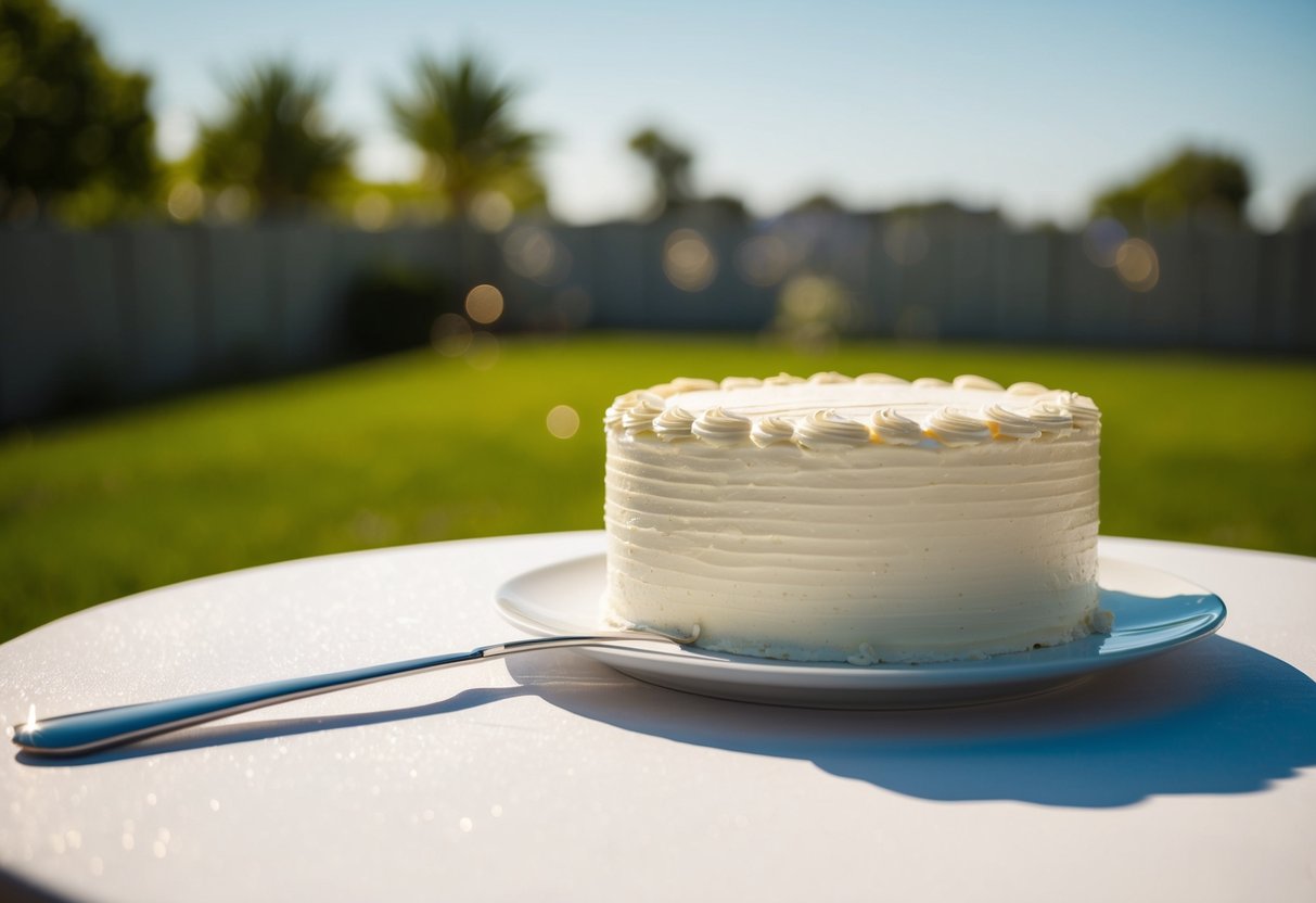A buttercream wedding cake sits outdoors on a hot summer day, slowly beginning to melt under the sun's intense heat