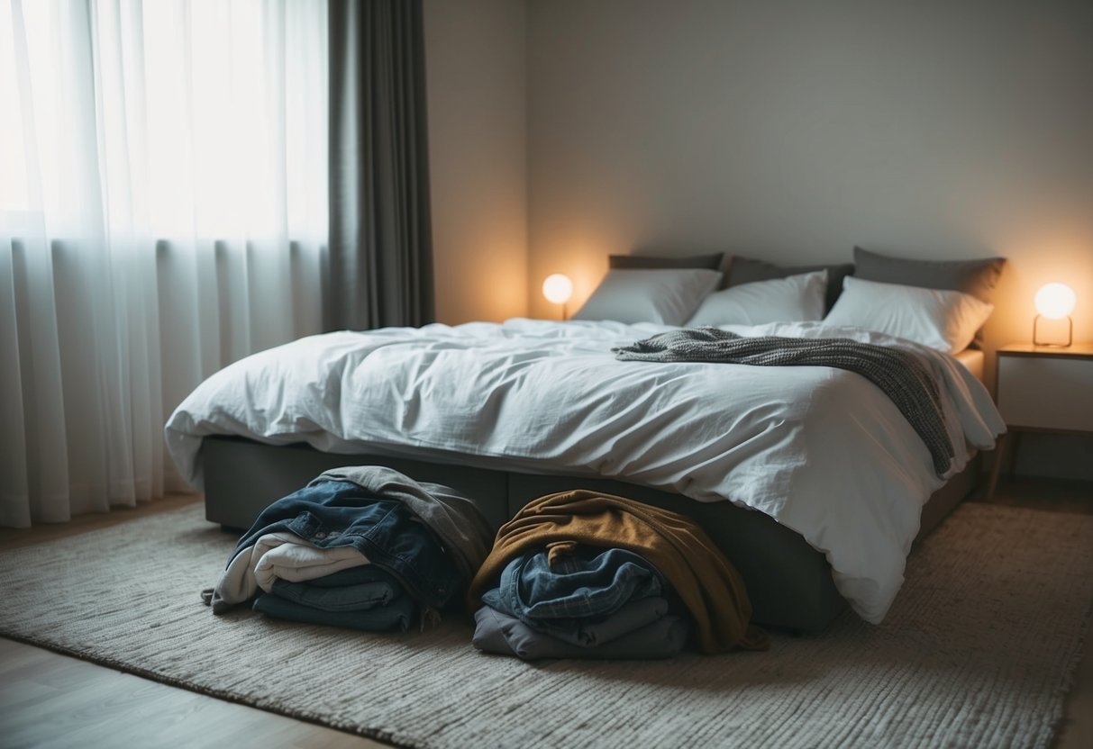 A cozy bedroom with soft lighting, a rumpled bed, and two intertwined sets of clothing on the floor