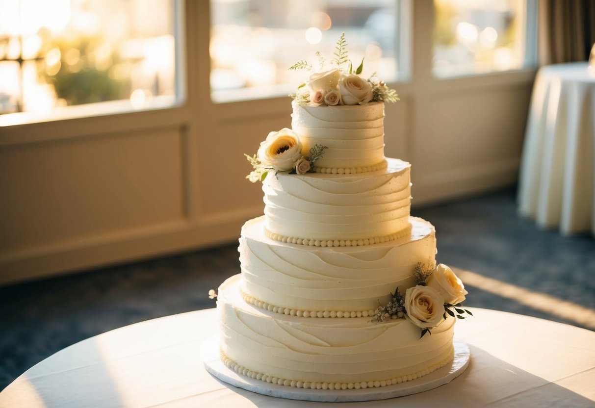 A three-tiered wedding cake with buttercream frosting sits on a table in a warm, sunlit room. The delicate swirls and floral decorations glisten in the light
